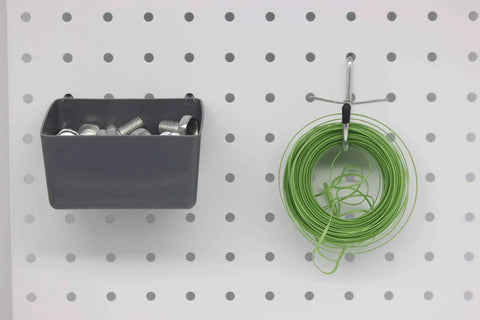 114 Piece Pegboard Hook Set With Metal Hooks Bins And Locks For Garage Organization Fits Standard One Eighth And One Quarter Inch Pegboards With One Inch Spacing Perfect For Tool Storage And Workshop Makeover showing gray bin and green cable on pegboard