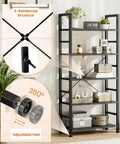Five Tier Bookshelf Tall Display Stand with X-reinforced structure and adjustable feet, industrial style black storage rack