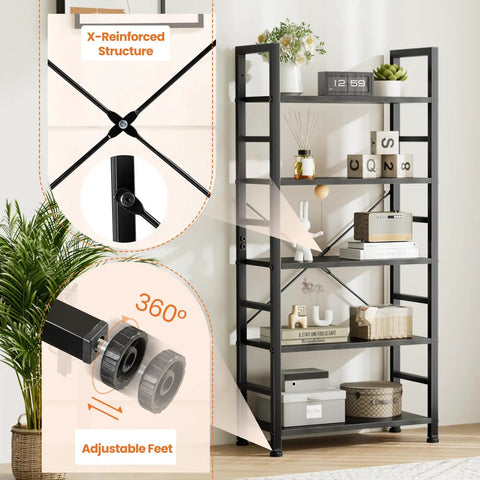 Five Tier Bookshelf Tall Display Stand with X-reinforced structure and adjustable feet, industrial style black storage rack