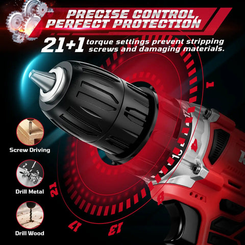Close-up of 20V Cordless Power Drill Set With Dual 2000mAh Batteries 30Nm Torque 21 And 1 Clutch Settings Two Speeds Built In LED