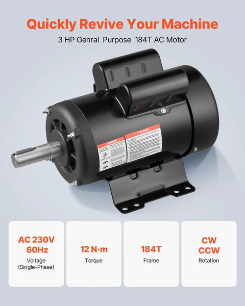 Heavy Duty 3 HP Single Phase Electric Motor For Air Compressors 1750 RPM CW CCW Rotation 230V TEFC 184T Frame with specs displayed