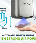 Built Tough Automatic Hand Dryer With High Speed Hot Air Blower in Brushed Stainless Steel, hands drying under 1800W sensor-powered blower