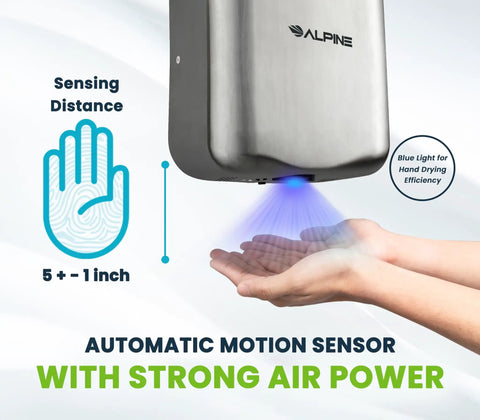 Built Tough Automatic Hand Dryer With High Speed Hot Air Blower in Brushed Stainless Steel, hands drying under 1800W sensor-powered blower