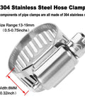 304 stainless steel hose clamp with size range 13-19mm and width 8mm, ideal for Three Eighths Inch Brass Hose Barb Splicer Mender Fittings.