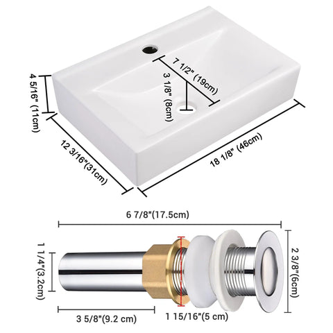 Dimensions and parts of Porcelain Bathroom Vessel Sink 18 By 12 Inch Rectangle With Pop Up Drain For Wall Mount Or Countertop