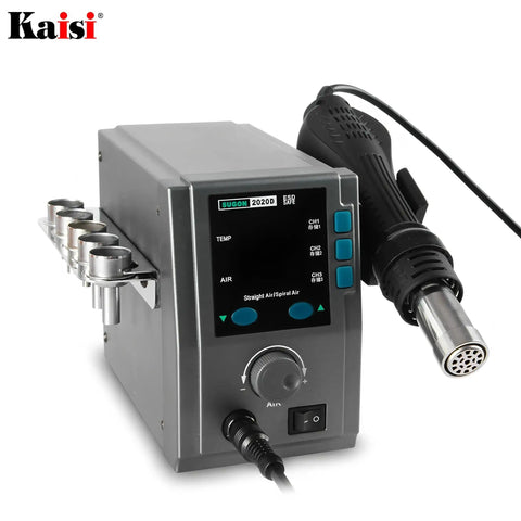 700W Hot Air Soldering Station For PCB Repair 110 220V Rework Station With Dual Digital Displays, shown with nozzles