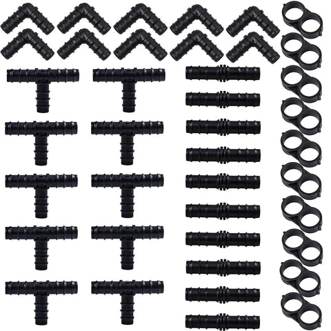 Drip Irrigation Fittings Kit With Half Inch Tubing Set 40 Pieces Of Barbed Connectors Including 10 Tees 10 Couplings 10 Elbows And 10 End Cap Plugs Durable UV Stabilized Plastic For Quick No Fuss Garden Sprinkler System, displayed on a white background.