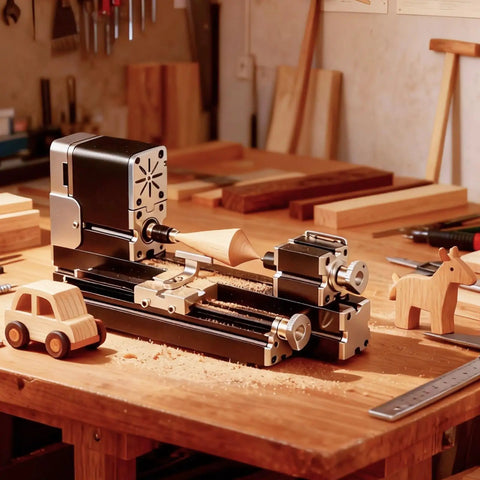 Mini Benchtop Wood Lathe Machine 20000 RPM Precision Turning Tool for STEM Education on a workbench with wood crafts