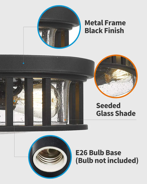Close-up of Industrial Two Light Flush Mount Ceiling Light With Black Cage Frame And Seeded Glass Shade showing E26 bulb base