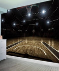 Dope Basketball Peel And Stick Wallpaper For Living Room And Bedroom Self Adhesive Removable Wall Mural Poster Sticker Background Decor 100 Inches By 144 Inches Cut Into Six Panels Durable PVC Material showing an illuminated basketball court scene.