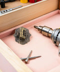 Vintage Zinc Alloy Padlock With Robust Locking Latch Mechanism and matching screws shown in a wooden drawer for DIY projects