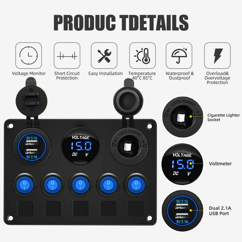 Blue 5 Gang Marine Rocker Switch Panel with waterproof build, voltmeter, USB charger, cigarette lighter for truck RV boat