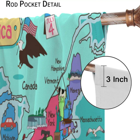 Colorful US Map Curtain Set For Kids Bedroom And Classroom, Cartoon America Design Blackout Window Drapes, Rod Pocket Detail