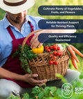 Person holding a basket of vegetables wearing a hat and apron, with text promoting nutrient support and quality efficiency.