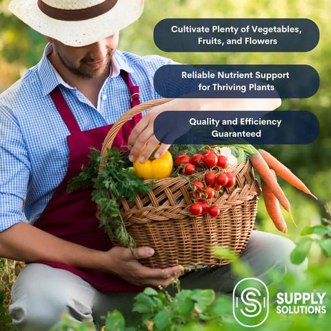 Person holding a basket of vegetables wearing a hat and apron, with text promoting nutrient support and quality efficiency.