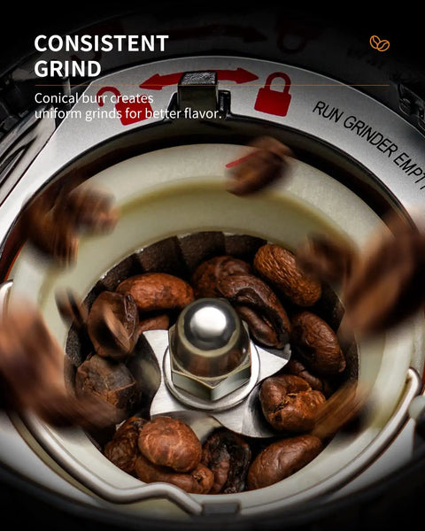 Close-up view of conical burr grinder grinding coffee beans, showcasing the precise mechanism for espresso, drip, and French press.