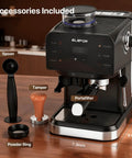 Espresso Machine With Built In Grinder 20 Bar Pump Black Coffee Maker For Authentic Italian Espresso At Home Cafe Barista Quality And Convenience With Professional Brews And Rich Crema with accessories.