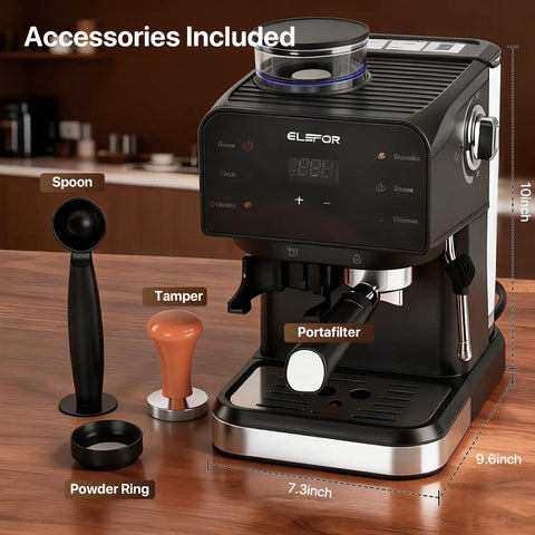Espresso Machine With Built In Grinder 20 Bar Pump Black Coffee Maker For Authentic Italian Espresso At Home Cafe Barista Quality And Convenience With Professional Brews And Rich Crema with accessories.