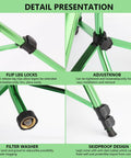 Detail view of the Green Zinc Alloy Water Bird Sprinkler With Heavy Duty Tripod Base showing flip leg locks and skidproof design