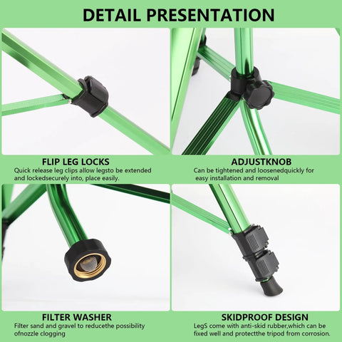 Detail view of the Green Zinc Alloy Water Bird Sprinkler With Heavy Duty Tripod Base showing flip leg locks and skidproof design