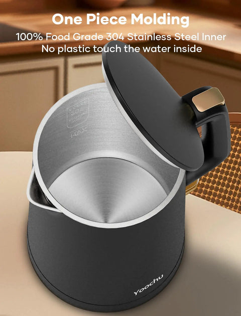 Double Wall 1.7L Electric Kettle With Cool Touch Exterior No Burn Hands Safety Rapid 1500W Boil Stainless Steel Water Boiler And Heater Cordless Base BPA Free Black, showing open lid with stainless steel interior on kitchen counter.