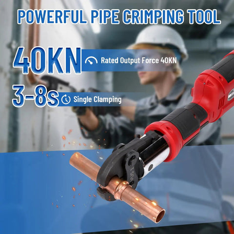Professional 18V Cordless Pipe Crimping Tool With Four Interchangeable Jaws And A Smooth 180 Swivel Head handles copper pipe with 40KN force.