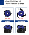 Image of a Heavy Duty Universal Oil Filter Wrench Set featuring adjustable 3-claw tool in collapsed and outstretched positions.