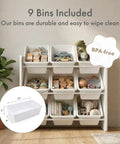 Three Tier Toy Storage Organizer With Nine Removable Bins For Kid Friendly Playroom No Mess Easy Cleanup Durable Engineered Wood Frame Sturdy Toddler Toy Organization In White displaying toys in bins