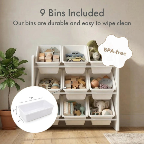 Three Tier Toy Storage Organizer With Nine Removable Bins For Kid Friendly Playroom No Mess Easy Cleanup Durable Engineered Wood Frame Sturdy Toddler Toy Organization In White displaying toys in bins