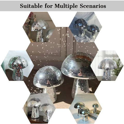 Collage of Mushroom Disco Ball Mirror Mosaic Silver For Party Decor Stage Props with reflective mirrored tiles