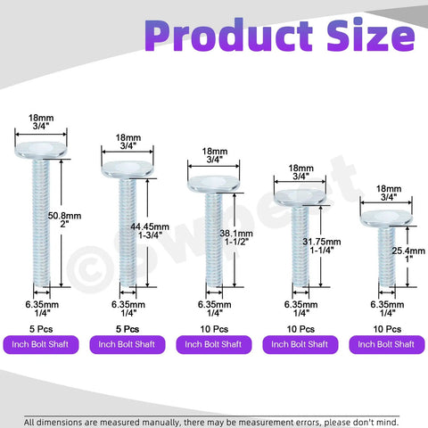 40 Piece T Track Bolts Set in Five Sizes 1/4-20 Through 2 Inches, Silver Tee Bolts size chart showing dimensions of each bolt.
