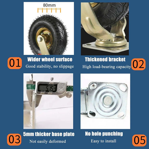 Pair Of Badass Heavy Duty Swivel Caster Wheels Built To Handle Heavy Loads Featuring Highly Elastic Rubber Tires And Quiet Ball Bearings That Let Your Utility Cart Roll Out Smooth As Butter All Day Long, showing wider wheel surface and thickened bracket.