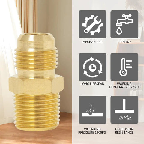 Brass Flare Tube Fittings Set Three Eighths Inch Male Flare To One Quarter Inch NPT Male Half Union Gas Adapters Six Pack Versatile Durable Brass Connectors For Quick Leak Free Gas And Plumbing Lines In Auto HVAC And DIY Workshop Projects, brass flare fitting