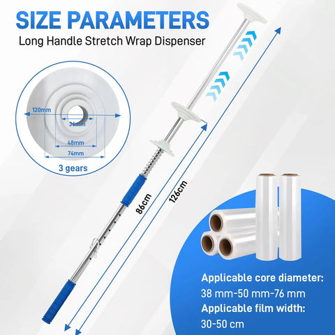 Heavy Duty Stretch Film Dispenser Pole Holder With 48 Inch Reach For Easy Pallet Wrapping Fits 12 To 24 Inch Rolls 2 To 3 Inch Core Pro Grade Wrap Tool For Warehouses And Shops, size parameters diagram