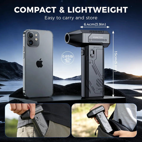 Beast Mode Cordless Air Duster With 130000 RPM Brushless Motor shown with phone for size reference, fits pocket, outdoor scene