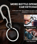 Multifunction Titanium Carabiner Keychain with bottle opener feature shown attaching keys and opening a bottle.