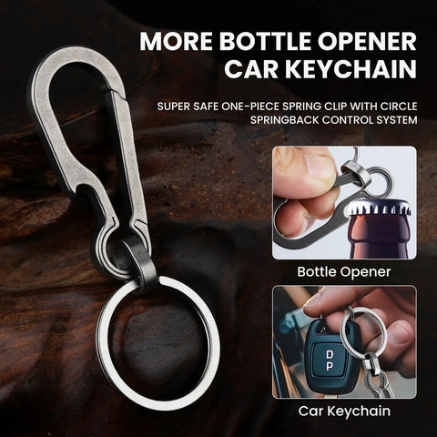 Multifunction Titanium Carabiner Keychain with bottle opener feature shown attaching keys and opening a bottle.