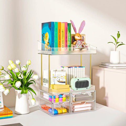 Slick 4 Tier Clear Makeup Organizer Featuring Four Spacious Drawers For Bathroom Counter Storage Effortlessly Stores Perfume And Skincare Essentials To Keep This Space Crisp And A Real Talk Game Changer For Everyday Use, showcasing books and decorative items.