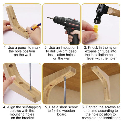 Installation steps for Solid Wood Shelf Brackets Set Of Two L Shape Corner Supports with Mounting Screws, 3.74 by 3.74 by 0.79 inches