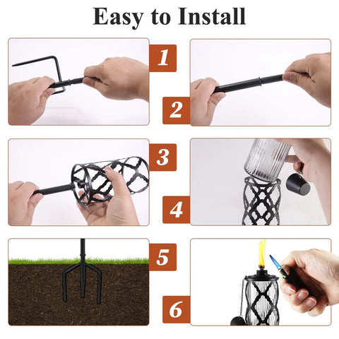 Assembly steps for Six Pack Glass Citronella Torches with 3 Prong Grounded Stakes for Garden, Patio, Lawn, Party, and Landscape Decor.