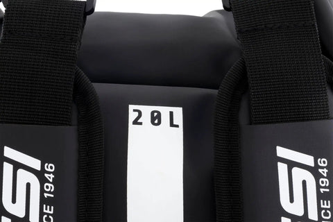 Close-up of Ocelot Dry Bag Waterproof And Dry Backpack 20 L with straps and capacity label, ideal for wet adventures