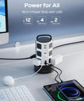 12 Outlet Surge Protector Tower With 6 USB Ports And 2 USB-C, 6.5 Foot Extension Cord for home office, shown on desk setup