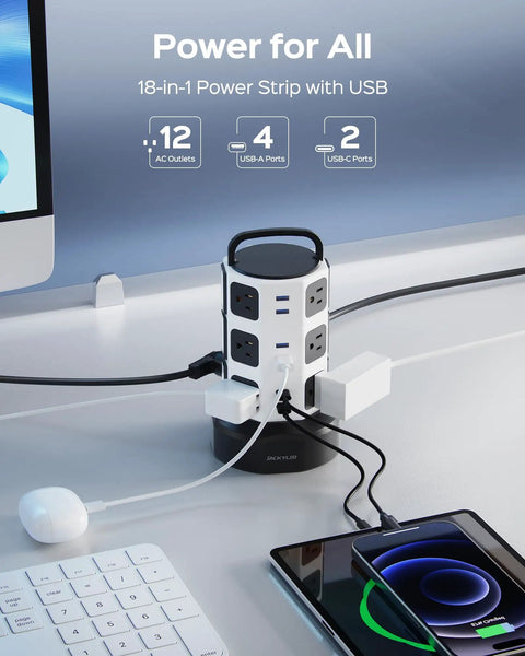 10ft Power Strip Tower Surge Protector With 13A, 12 Outlets And 6 USB Ports on desk, connected to computer and devices