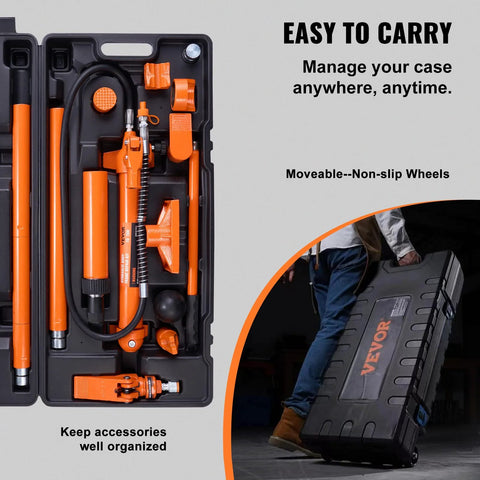 Front view of VEVOR 10-Ton Porta Power kit with orange hydraulic ram, pump, hose in a molded storage case.