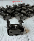 Bulletproof M5 Cage Nuts And Screws Pack With Washers For Quick Square Hole Rack Mount Hardware Upgrade On Server Cabinets Router Stands And Av Studio Racks close-up of carbon steel M5 cage nuts.