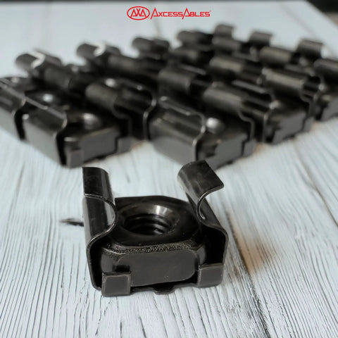 Bulletproof M5 Cage Nuts And Screws Pack With Washers For Quick Square Hole Rack Mount Hardware Upgrade On Server Cabinets Router Stands And Av Studio Racks close-up of carbon steel M5 cage nuts.