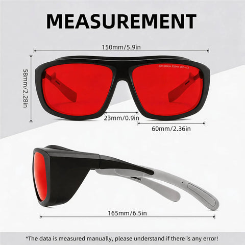 Red Lens Laser Safety Goggles UV Blue Green Diode Up To 532nm DIY Engraving Must Have showing measurements and design.