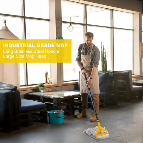 Man using Heavy Duty Commercial Mop With 3 Extra Large Replacement Heads And A 59 Inch Long Handle, Looped End String Wet Cotton Mop for floor cleaning in a cafe setting.