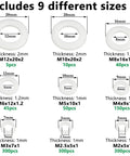 Diagram showing sizes and specifications of 1200 Piece White Nylon Washers Set For Bolts And Screws in nine metric sizes, M2 to M12.