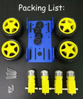 Four Wheel Drive Robot Car Chassis Kit With Metal Frame And Four TT Encoder DC Motors For Arduino Raspberry Pi Microbit DIY Remote Control Mobile Robotic Platform For Maker Education And Hands On Projects, featuring metal frame, tires, and motors.